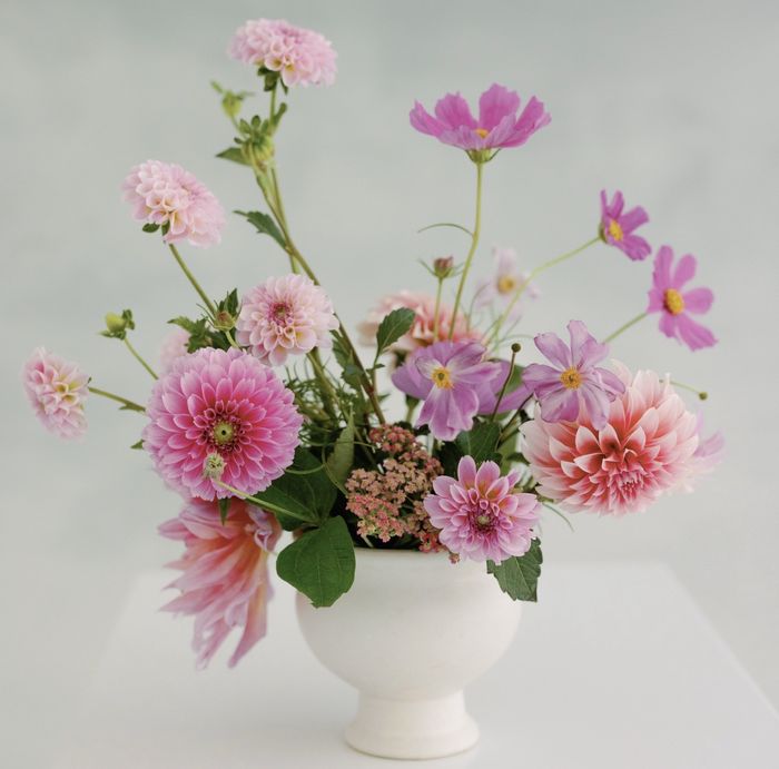 Soft pink cosmos and dahlias in a white footed bowl